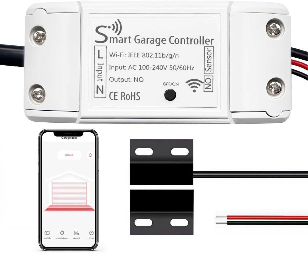 Smart Garage Door Opener, Universal WiFi Garage Door Remote Controller with Smartphone App Control, Door Left Open Alert, Compatible with iOS, Android, Alexa, Google Assistant, IFTTT, No Hub Needed