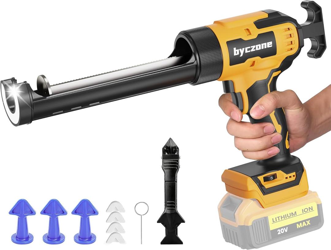 Electric Caulking Gun Compatible With Dewalt 20V Max Battery, 10 Oz Cordless Caulk Gun with 6 Adjustable Speed, LED Light, Battery Powered Caulking Gun for Filling, Sealing, Repair (TOOL ONLY) (Yellow)