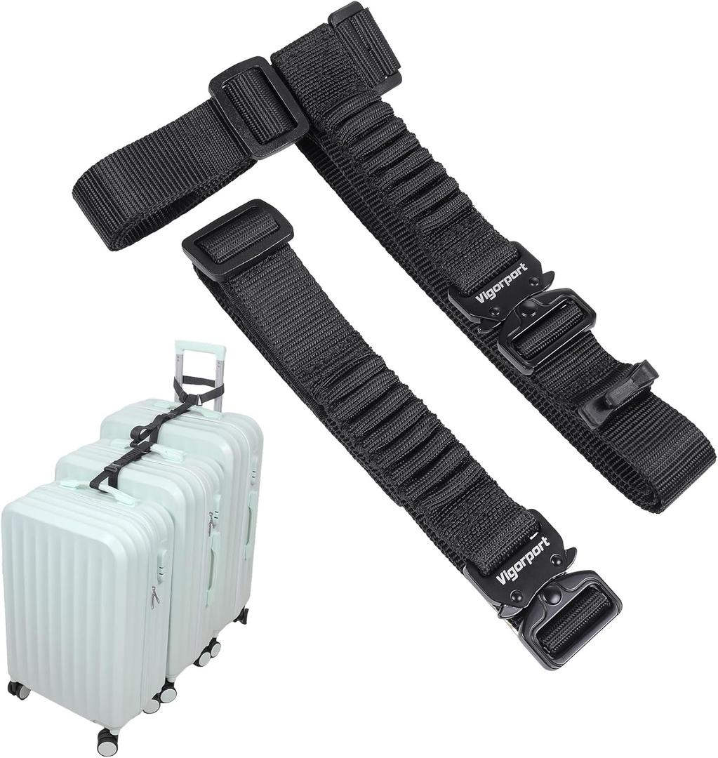 Vigorport Luggage Straps, Metal Luggage Connector Straps for Suitcases, Stretchable Add a Bag Adjustable Accessories Travel Belts (Black, Normal) (1W)