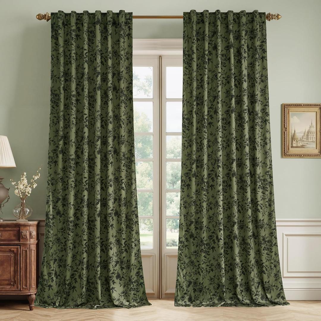 RYB HOME Olive Green Velvet Curtains 102 inches Long, Printed Floral Vintage Design Home Decoration Thermal Insulated Privacy Protect Drapes for Bedroom Living Room, W50 x L102 inches, 2 Panels