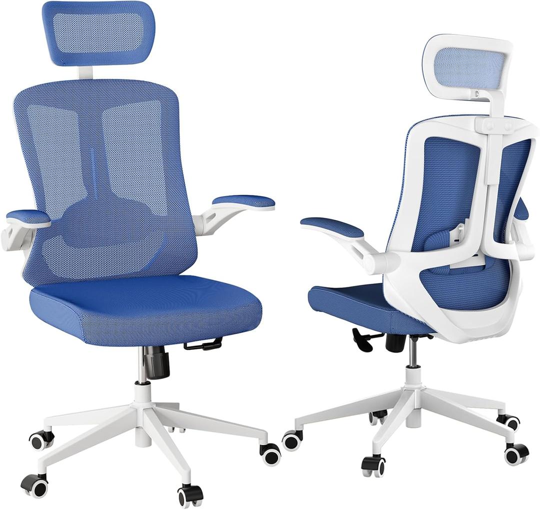 Office Chair,Ergonomic Comfy Home Desk Chair with 350LBS Capacity,High Back Gaming Chair with Wheels,Mesh Computer Chair,Lumbar Support, Adjustable Headrest, Flip-up Armrest (002blue)