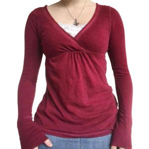 Women Lace Trim Long Sleeve T-Shirts Fairy Aesthetic Slim Fit Crop Tops Basic Blouse Y2k Teen Girls Streetwear (Small)