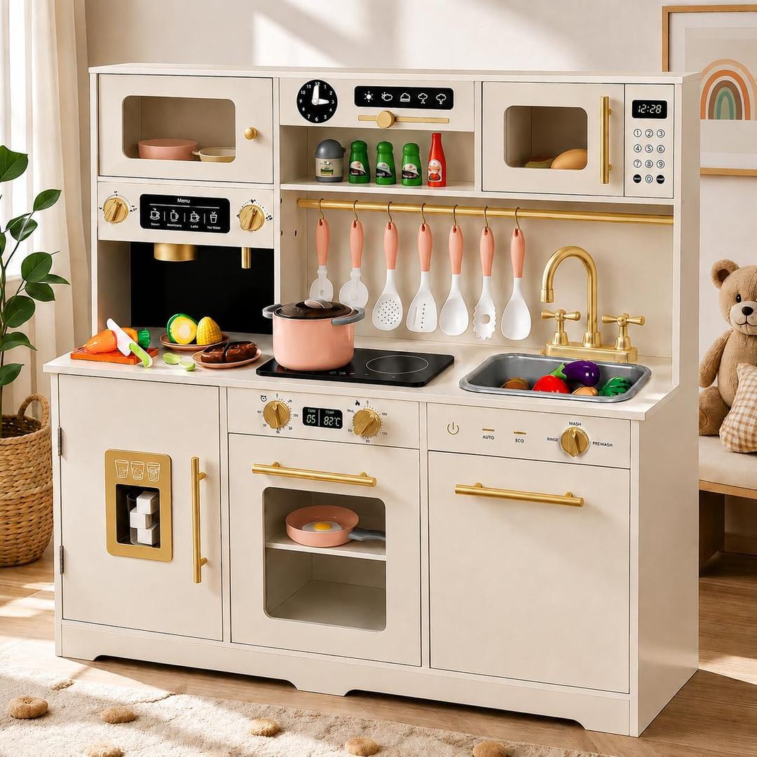 Play Kitchen for Kids, Wooden Pretend Toy Kitchen Set with Appliances & Smart Storage, Kids Kitchen Playset with 49 Toy Food & Cookware Accessories for Toddlers, Stove, Play Sink, Gift for Ages 3+