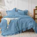 JOLLYVOGUE King Size Comforter Set, 3 Pieces Sea Blue Seersucker Comforters King Size, Lightweight & Fluffy Bedding Sets King for All Season with 1 Ruffle Comforter and 2 Ruffle Pillowshams