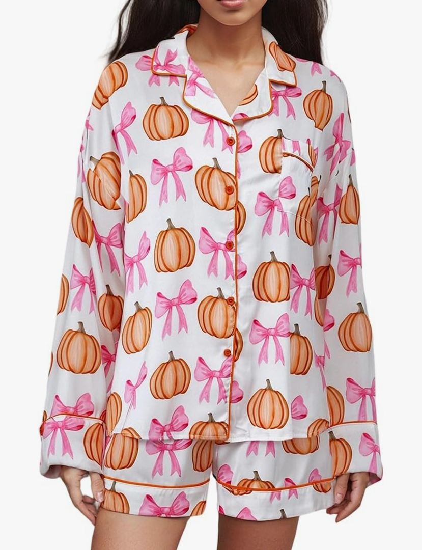Women's Halloween Pajamas Set Silk Satin Ghost Pumpkin Print Long Sleeve Button Down Shirt 2 Piece Pjs Shorts Sets Size XL