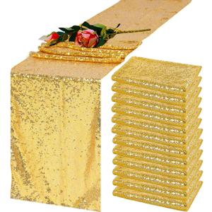 12 Pack Gold Sequin Table Runner 12x108 Inch, High Density Sparkly Glitter Table Runners Bulk for Wedding Reception, Party Decorations, Banquet Events, Shimmering Gold Decor