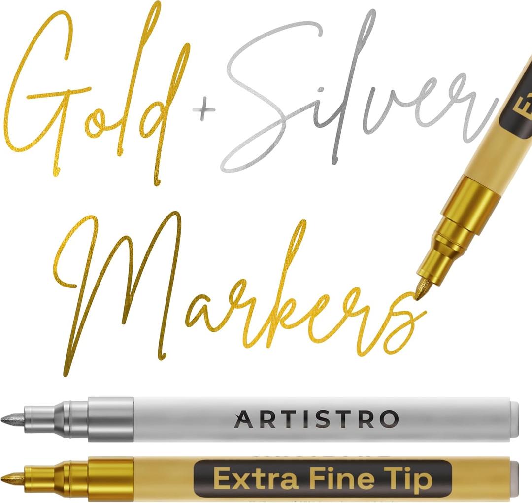 ARTISTRO 2 Gold & Silver Acrylic Paint Markers - 0.7mm Extra Fine-Tip Paint Pens - Perfect for Crafting, Art Projects, & More