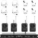 Phenyx Pro Wireless Microphone System, 4-Channel Wireless Mic Set w/ 4 Bodypacks and Headsets/Lapel Mics, 4x25 UHF Frequencies, 200ft Coverage, Cordless Microphone for Singing, Church (PTU-5200-4B)
