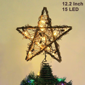 Twinkle Star Christmas Star Tree Topper, Rustic Rattan Treetop with 15 LED Lights Christmas Tree Holiday Xmas Party Decorations, 12.2 Inch (H)