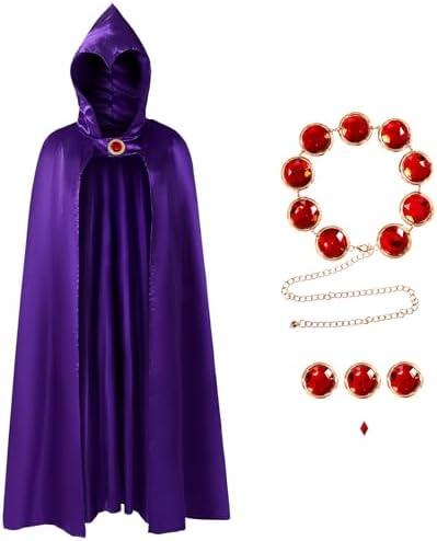 Halloween Costume for Women, 47 Inch Purple Cloak with Hood and Red Waist Belt, Anime Cosplay Accessories for Halloween Party Dress Up