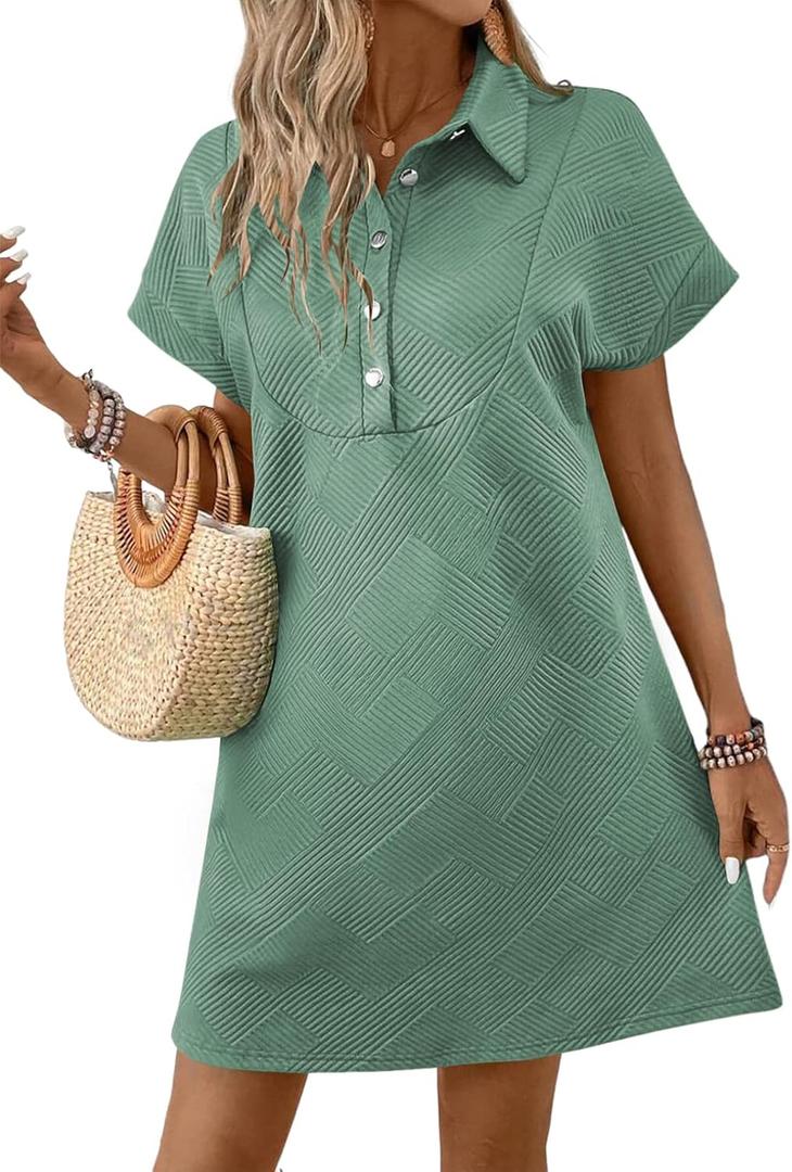Acelitt Summer Lapel Collared Dresses for Women 2026 Batwing Short Sleeve Mini Dress Beach Sundress (Green, XS)