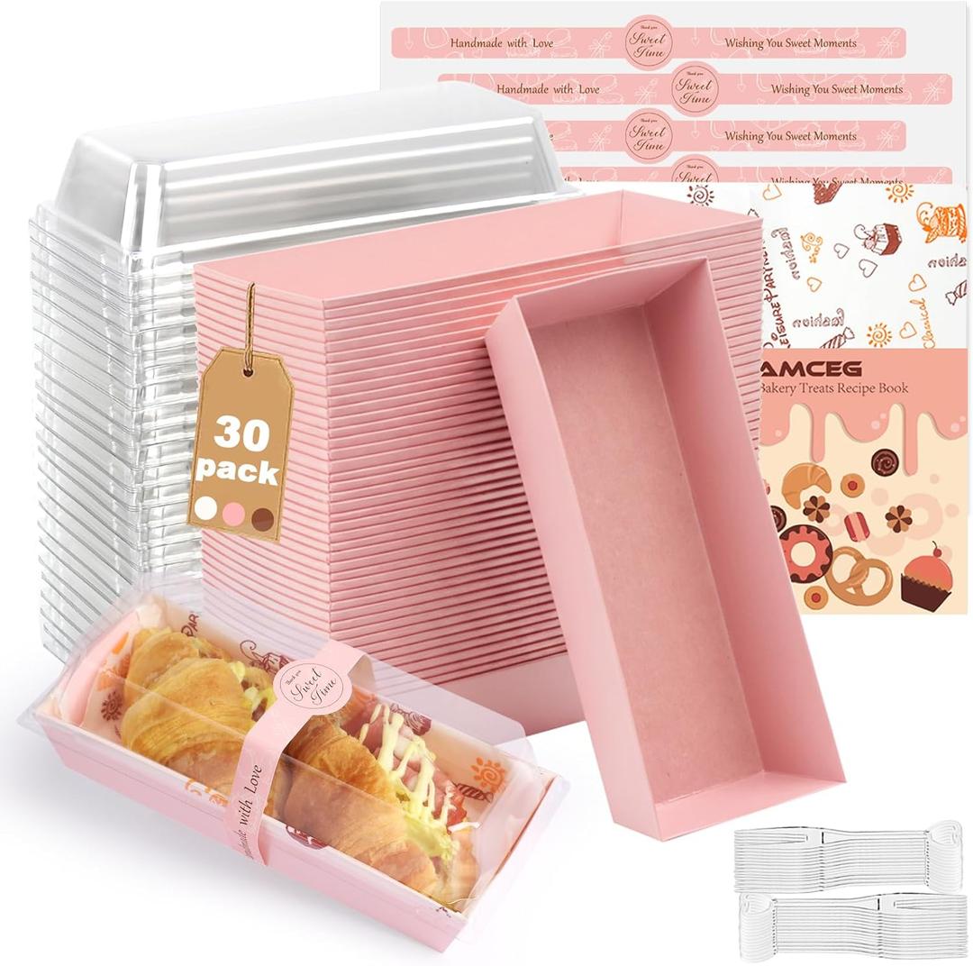 OAMCEG 7.5x3.3 Inch Small Charcuterie Boxes with Clear Lids,30Pcs Mini Bakery Containers, Disposable To Go Food Paper Boxes for Sandwich, Cookie, Pastry, Cake Slice (Pink)