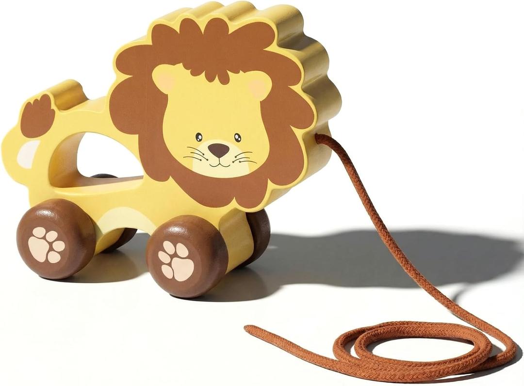 Baby Toys Car,Wooden Pull Along Toddler Toy, Developmental Toy for 1 Year Old Girl Boy Birthday Gift (Lion)
