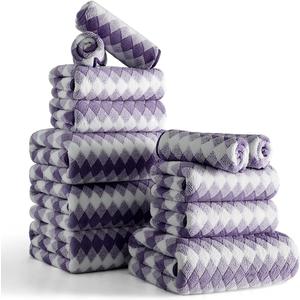 12 Pcs Purple White Diamond Towel Set-4 Bath Towels,4 Hand Towels,4 Washcloths Soft Polyester Bath Sheet with Loop Absorbent Shower Towel Quick Dry Beach Chair Towel Family Towels for Bathroom Spa Gym