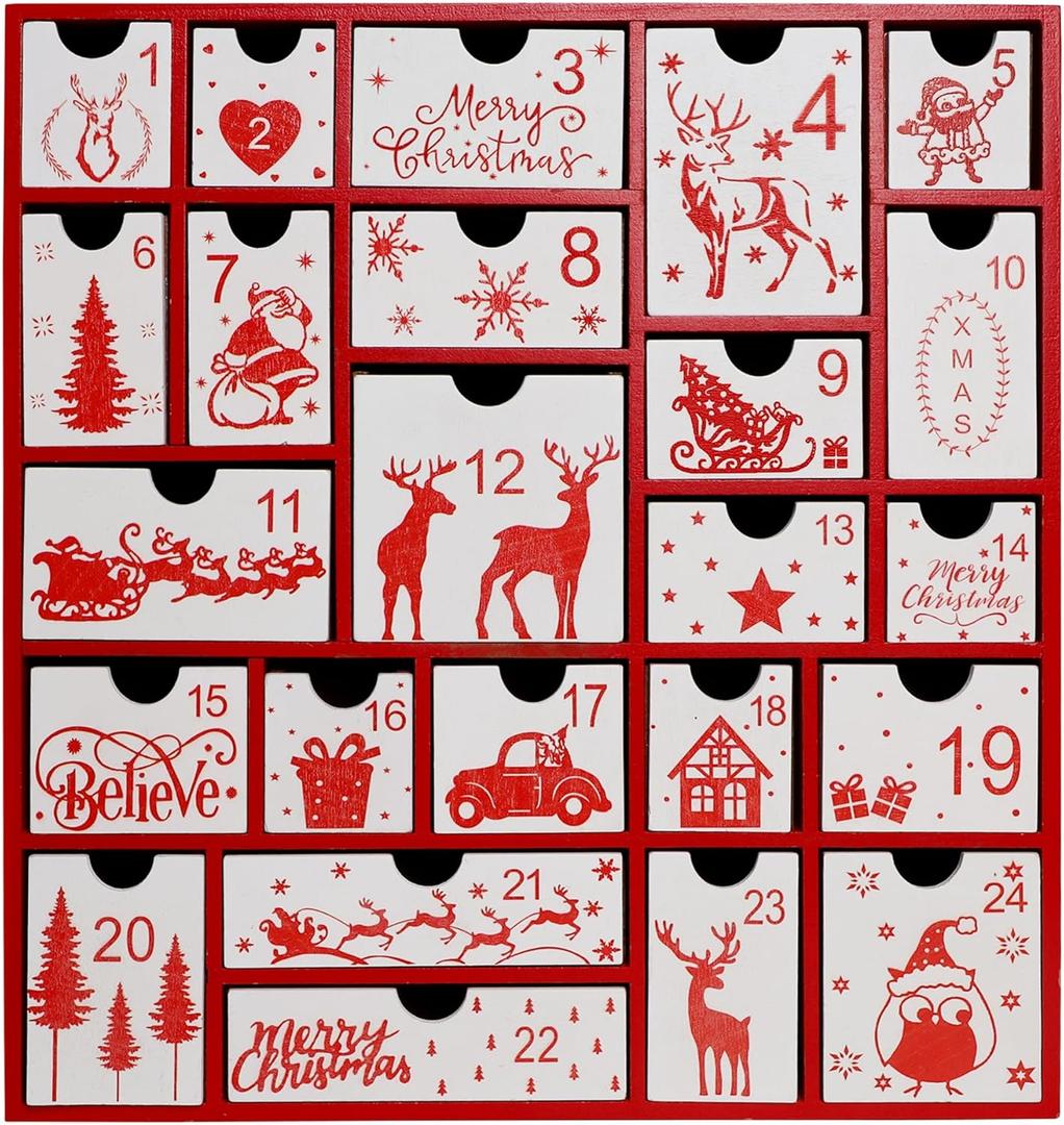 Wooden Christmas Advent Calendar with 24 Drawers, Countdown to Christmas, Refillable Wooden Advent, Red