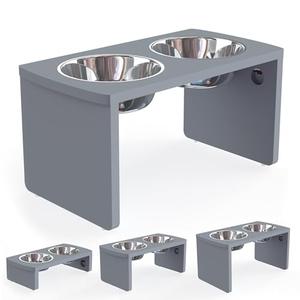 Elevated Dog Bowls, Bamboo Raised Dog Bowl for Large Dogs & Medium Dogs, with 2 Stainless Steel Bowls (10'' Tall–48 oz Bowl, Grey)