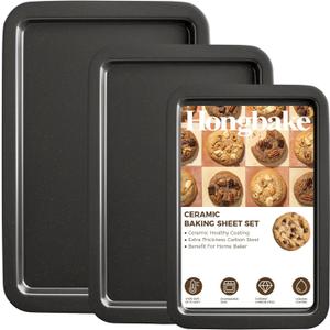 HONGBAKE Ceramic Baking Sheet Pan Set, Cookie Sheet for Oven, Bakeware Sets with Wider Grips, 3 Pack Half/Jelly Roll/Quarter Baking Tray, Premium, Dishwasher Safe - Dark Grey
