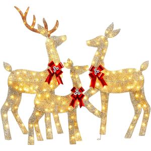 YULETIME 3-Piece Pre-lit 2D Christmas Reindeer Family, Lighted Glitter Christmas Deer Holiday Decoration with Warm White LED Lights