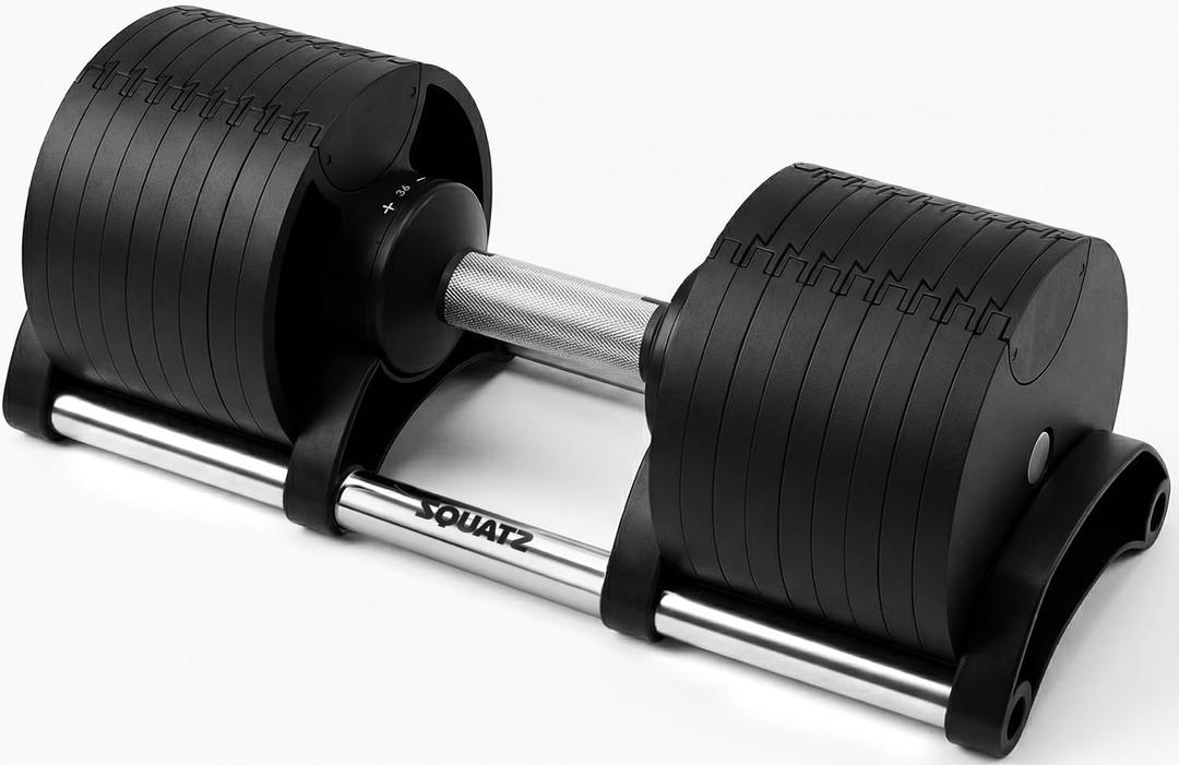 SQUATZ Adjustable Dumbbells with Quick Weight Change, Space-Saving Dumbbell Set with AntiSlip Handle, Secure Locking System, HeavyDuty Plates & Base for Home Workout and Strength Training