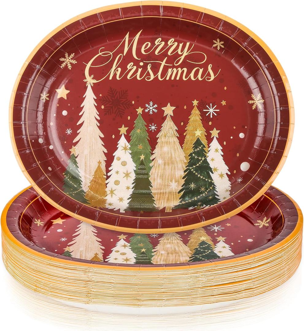 Purhapfre 50Pcs Christmas Paper Plates Christmas Tree Oval Plates Heavy Duty Holiday Large Disposable Oval Party Plates Xmas Dinnerware Serving Tray for Xmas Holiday Party,10 x 12 Inch