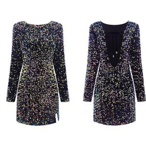 R.Vivimos Women's Sequin Bodycon Dress Fall Winter Velvet Warm Long Sleeve Crew Neck Sexy Backless Glitter Slit Mini Dress Size, XL