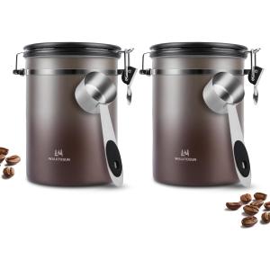 Coffee Canister Airtight Storage Container Stainless Steel Coffee Jar with Scoop,Date Tracker CO2 Release Valve for Dry Food Beans Ground Tea Flour Cereal and Sugar (1.8L Grey-Brown With Spoon(2pcs))