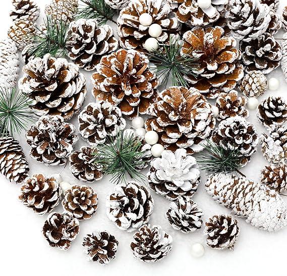 Whaline 170Pcs Christmas Pine Cones Berry Pine Branch Set Snow Pinecones Pendant White Winter Holiday Ornament for DIY Crafts Home Decorations Xmas Tree Gift Tag Party Supplies, Assorted Sizes