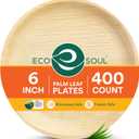 ECO SOUL 400 Count Round Palm Leaf Plates of 6 Inch - Disposable, Eco-Friendly, Biodegradable Bamboo Plates - Perfect for Parties, Catering, Weddings & Large Events
