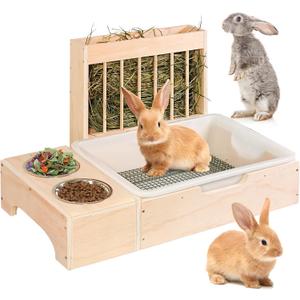 3 in 1 Extra Large Rabbit Hay Feeder with Litter Box, Wooden Bunny Toilet, for Large and Medium-Sized Dwarf Rabbit, Other Animals (enormous, brown)