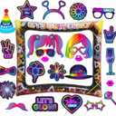 25pcs Neon Glow Party Photo Booth Props with Let's Glow Inflatable Selfie Photo Booth Frame - Funny Neon Selfie Props for Dark Black Light Birthday Party Decoration Supplies