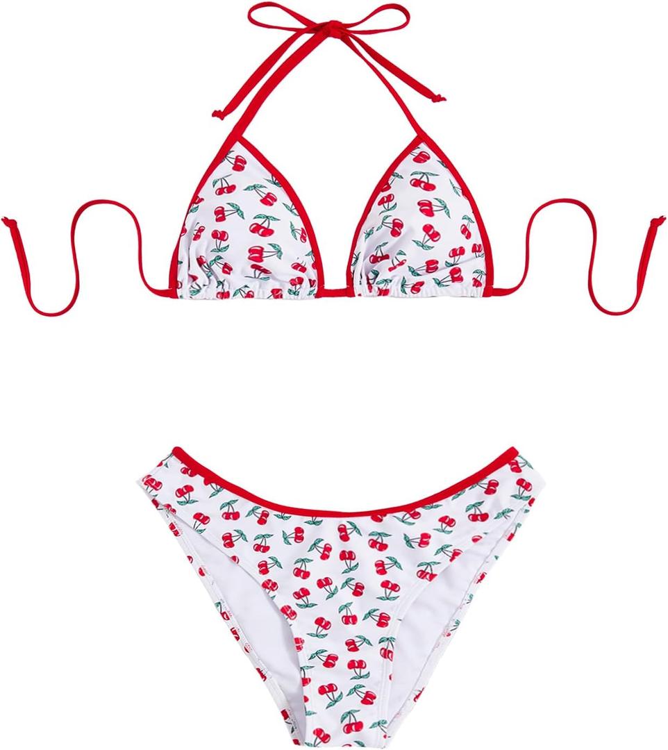 MakeMeChic Women's Cherry Print Bikini Set Halter Triangle Backless Swimwear Bathing Suit (White, L)