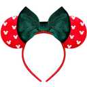 Trnerm Red & Velvet Green Fuzzy Mouse Ears Headband for Women, Cute Beads Headband with Bows, Christmas Hair Accessoires
