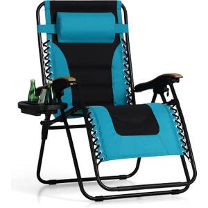 PHI VILLA XXL Oversized Padded Zero Gravity Chair, Foldable Patio Recliner, 30" Wide Seat Anti Gravity Lounger with Cup Holder, Support 400 LBS (Aqua)