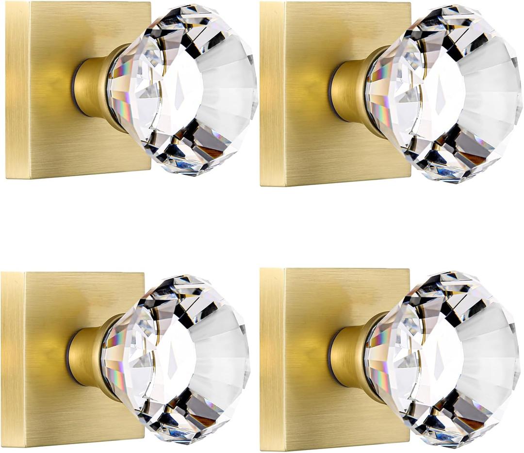 4 Pack Closet and Hall Dummy Door Knob Interior, Inactive Clear Glass Crystal Door Knobs Set Gold, Non-Turning Door Knobs Diamond Shape, Satin Brass Door Knobs Square, BS-010N