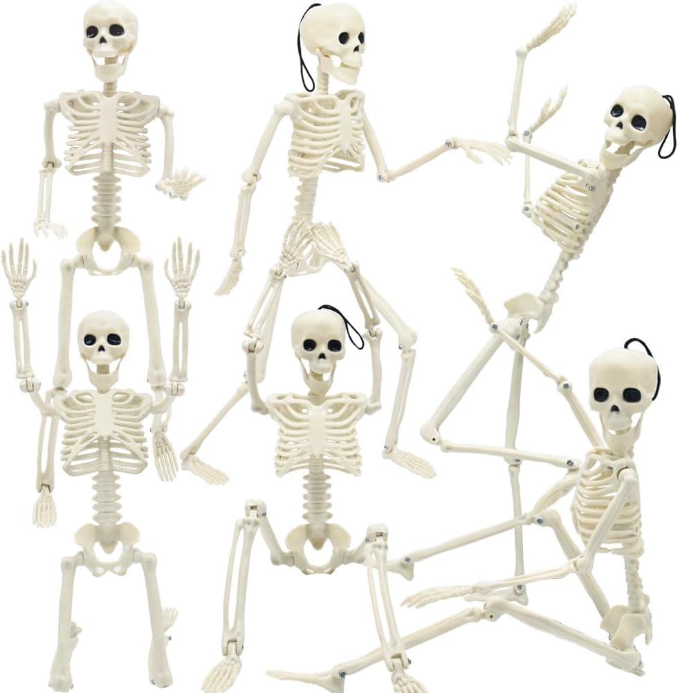6 Packs Halloween Skeletons, 16 Inch Posable Skeletons Halloween Decorations with Movable Posable Joints, Full Body Mini Plastic Skeleton for Yard Garden Lawn Haunted House Graveyard Props Decor