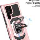 Heavy Duty Protection Case for Samsung Galaxy S22 Ultra Phone Case with Built-in Screen Protector, Military Grade Shockproof 360 Degree Metall Ring Kickstand Travel Cover Shell (Pink)