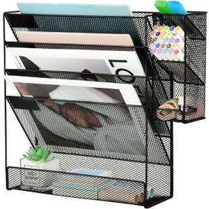 Spacrea File Organizer Wall Mount, 5 Tier Hanging Mail Organizer Folder Holder, Mesh Desk Accessories and Organizers, Paper Document Magazine Rack with 3 Pen Holder for Office Home School(Black)