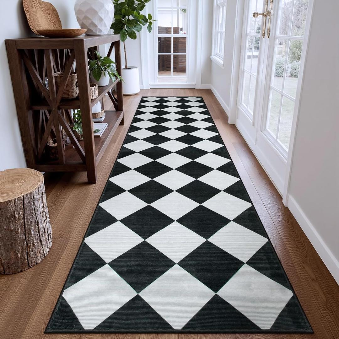 Beeiva Checkered Print Washable Rug Runners for Hallways Non Slip 2.5x10, Ultra Thin Black Kitchen Runner Stain Resistant Hallway Runner Rug 10 ft, Checkerboard Carpet for Bathroom Entryway Decor