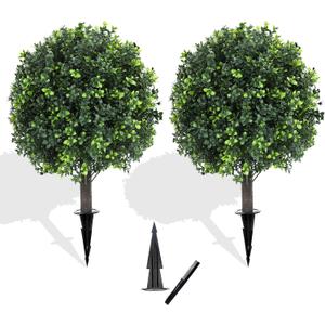 LXNRMHCH 27.2" Artificial Boxwood Topiary Set of 2 with Spike, Fake Plants Boxwood Balls Greenery Bushes, Uv Resistant Artificial Outdoor Plants Shrubs for Front Porch Decor, Home Faux Plants Indoor