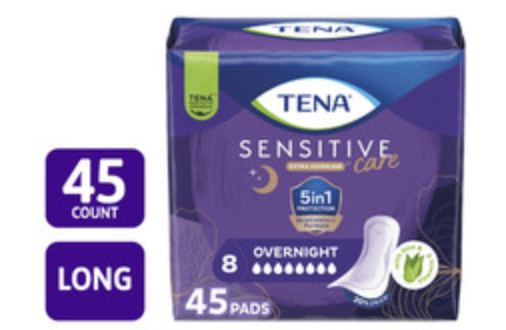 Tena Sensitive Incontinence Pads for Women, Overnight, 45 Count 