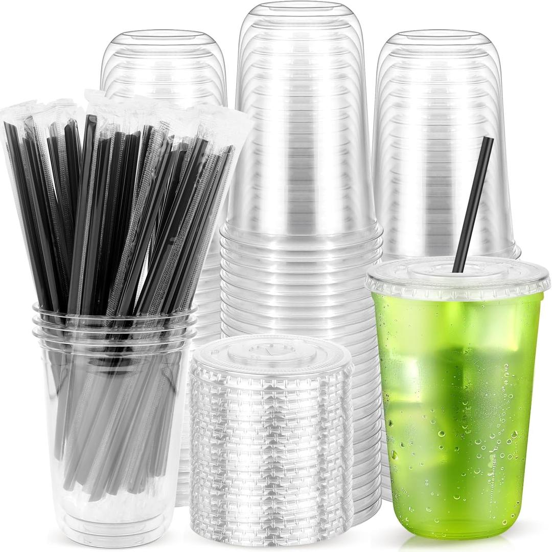 100 Pack Clear Plastic Cups with Flat Lids and Straws, 16 oz Disposable Iced Coffee To Go Cups, Plastic Smoothie Cold Drink Cup for Party, Picnic, Travel