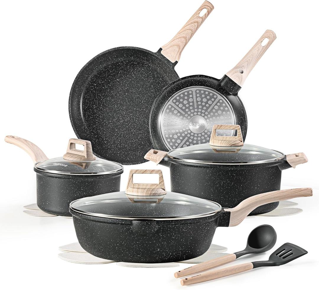 CAROTE 14Pcs Pots and Pans Set Non Stick, Cookware Sets Induction Cookware Granite Cooking Set with Frying Pans, Saucepans, Saute Pan, Extra Large Casserole (Black)