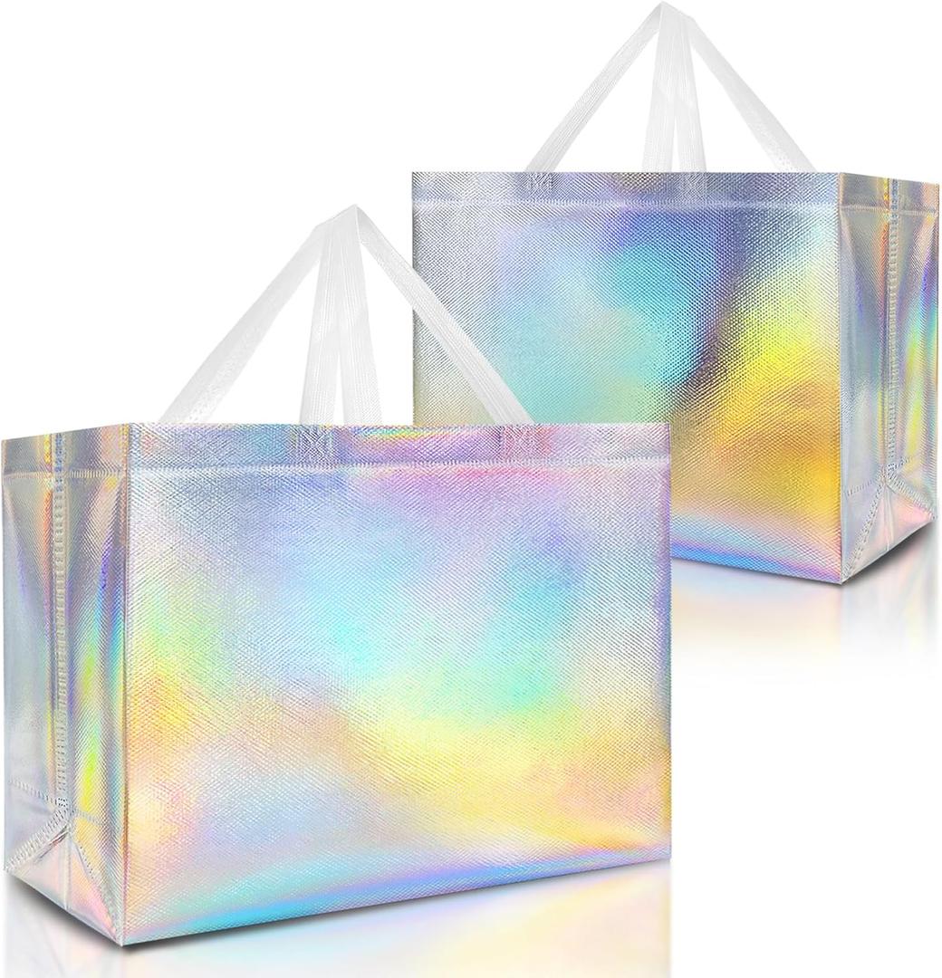 Nush Nush Iridescent Gift Bags XL - Set of 12 Reusable Holographic Extra Large Gift Bags with Handles - Party Favor Bag for Birthdays, Bachelorette, Weddings, Holidays, Valentines - 15.5W x 6D x 12H