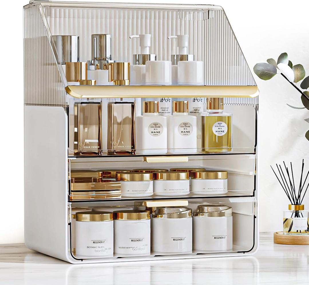 Makeup Organizer Countertop with Drawers & Lid, Skincare Organizer for Vanity, Large Cosmetic Organizer & Display Cases and Storage for Bathroom & Desktop. Perfect for Girl Women Mom Gifts