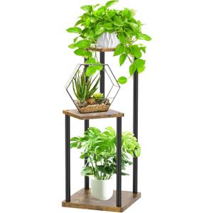 3 Tier Corner Plant Stand Indoor, Metal Wood Flower Pot Holder Shelf, Multiple Display Rack Square Table for Living Room Bedroom Orchid Outdoor Balcony Garden Patio, Modern Black & Rustic Brown