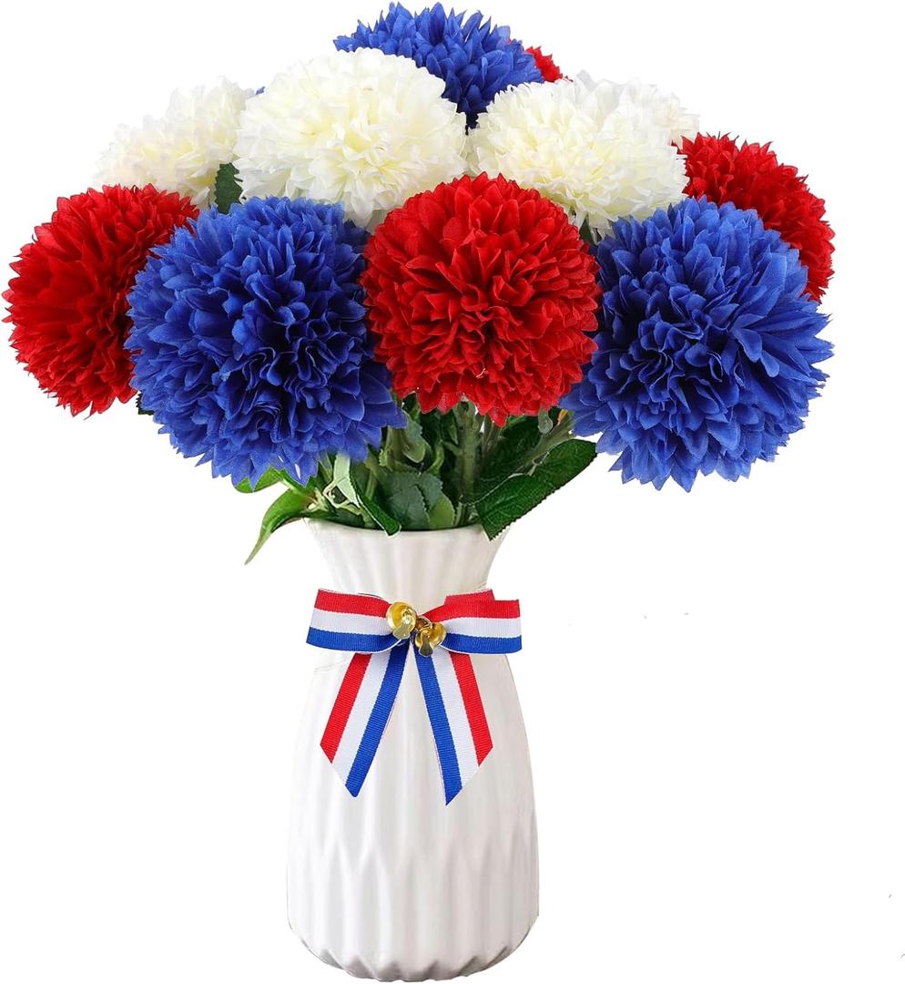 Hananona 11 Pcs Artificial Chrysanthemums Flowers Patriotic Flower, 4th of July Fake Mums Flowers Silk for Home Decor Indoor Memorial Day Table Centerpiece Vase not Included (12, Red, White, Blue)