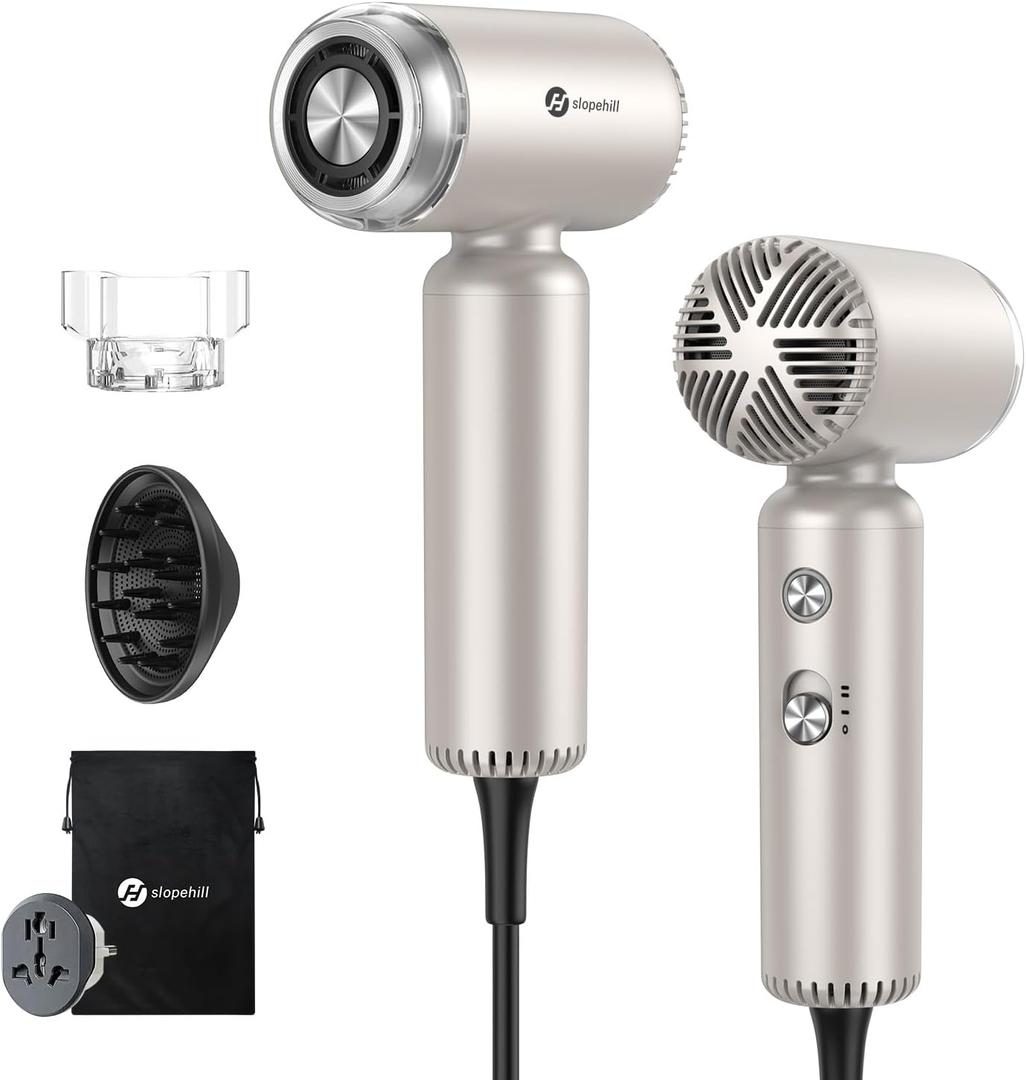 slopehill Dual Voltage Travel Mini Hair Dryer, Lightweight Ionic Blow Dryer, Professional Fast Drying, Compact Portable Quiet Hairdryer with Magnetic Diffuser for Women, International European 100-240V (Stone)