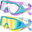 Swimming Goggles for Kids 8-14, 2 Pack Anti Fog UV Kids Swim Goggles with Ear Plugs Attached