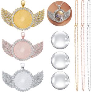 OIIKI 9pcs Rhinestone Wing Shape Bezel Pendant Trays with Round Glass Cabochons and Lobster Clasps Chains Set, Wing Rhinestone Tray for DIY Jewelry Making, Necklace (Gold/Sliver/Rose Gold)