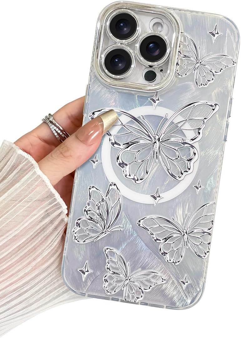 BITOBE Designed for iPhone 16 Pro Case Silver Butterfly Design, Slim Shiny Glitter Shockproof Bumper Compatible with Magsafe Charging with Camera Protection for Women Girls Men 6.3"- Silver